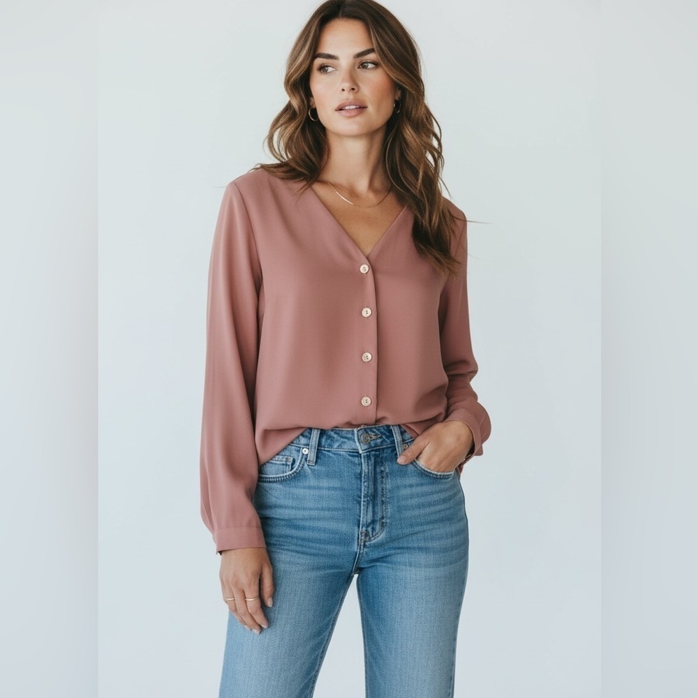 Zenana Mauve Button Front V-Neck Blouse Long Sleeve Size M